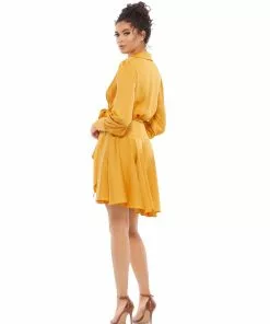 Ieena For Mac Duggal Satin Long Sleeve Wrap Dress