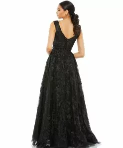 Mac Duggal Floral Embroidered Illusion V-Neck Gown