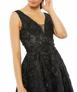 Mac Duggal Floral Embroidered Illusion V-Neck Gown