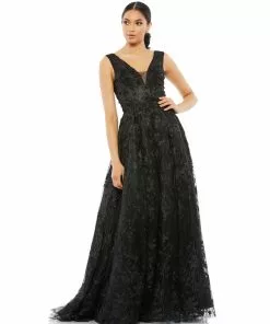 Mac Duggal Floral Embroidered Illusion V-Neck Gown