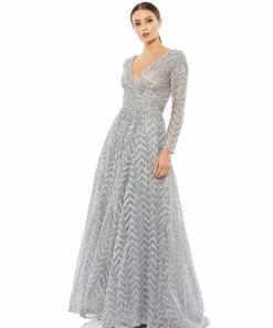 Mac Duggal Long Sleeve Chevron Embroidered Gown Shop For