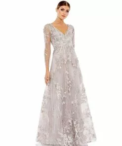 Mac Duggal Mother Of The Bride + Groom Dresses Floral Embroidered Illusion Sleeve Gown