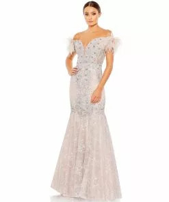 Mac Duggal Feathered Crystal Embellished Sleeveless Trumpet Gown