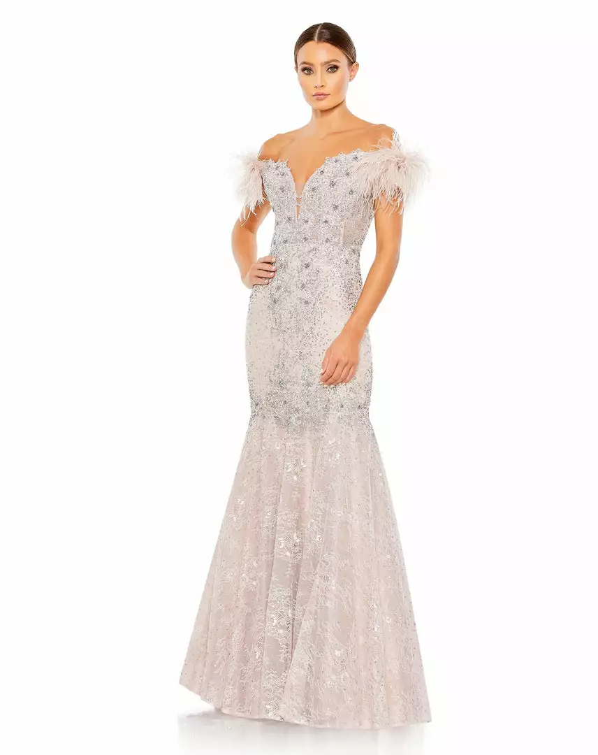 Mac Duggal Feathered Crystal Embellished Sleeveless Trumpet Gown 1 Mac Duggal Feathered Crystal Embellished Sleeveless Trumpet Gown