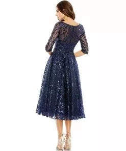 Mac Duggal Embellished 1/2 Sleeve Boat Neck A Line Dress