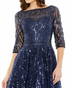 Mac Duggal Embellished 1/2 Sleeve Boat Neck A Line Dress