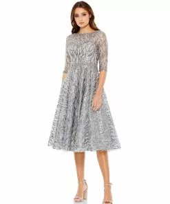 Mac Duggal Embellished 1/2 Sleeve Boat Neck A Line Dress