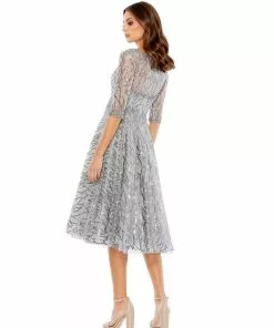 Mac Duggal Embellished 1/2 Sleeve Boat Neck A Line Dress