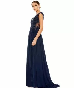 Mac Duggal Appliqued Cap Sleeve Bodice Flowy Gown