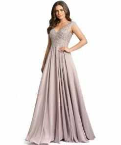 Mac Duggal Appliqued Cap Sleeve Bodice Flowy Gown