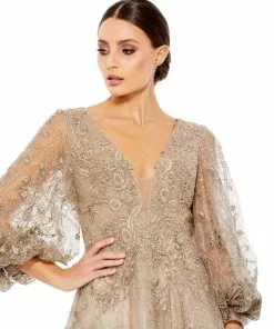 Mac Duggal Shop For Embellished Plunge Neck Puff Sleeve A-Line Gown