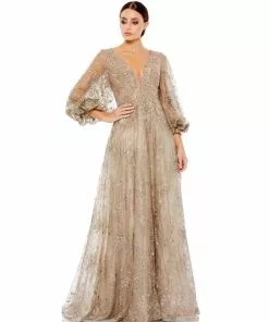 Mac Duggal Shop For Embellished Plunge Neck Puff Sleeve A-Line Gown