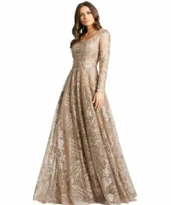 Mac Duggal Shop For Floral Embroidered Long Sleeve Square Neck Gown