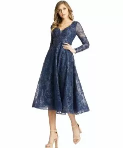 Mac Duggal Shop For Embellished Plunge Neck Illusion Long Sleeve Midi