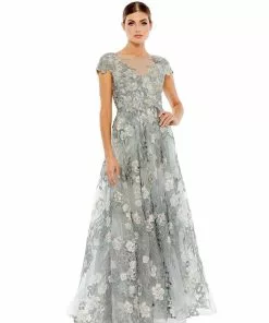 Mac Duggal Floral Embroidered Short Sleeve Gown