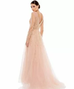 Mac Duggal Illusion Long Sleeve Beaded Gown