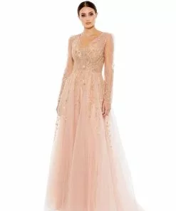 Mac Duggal Illusion Long Sleeve Beaded Gown