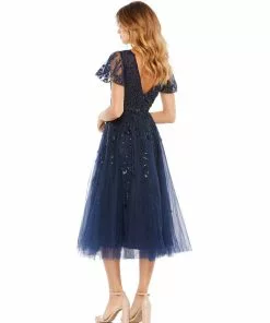 Mac Duggal Shop For Embellished Flutter Sleeve Tea-Length Dress