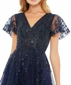 Mac Duggal Shop For Embellished Flutter Sleeve Tea-Length Dress