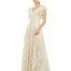 Mac Duggal Embroidered Flutter Sleeve V-Neck Gown