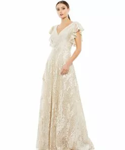 Mac Duggal Embroidered Flutter Sleeve V-Neck Gown