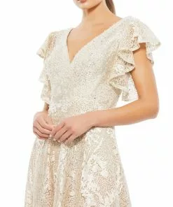 Mac Duggal Embroidered Flutter Sleeve V-Neck Gown