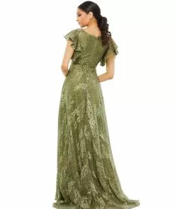 Mac Duggal Embroidered Flutter Sleeve V-Neck Gown