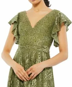 Mac Duggal Embroidered Flutter Sleeve V-Neck Gown