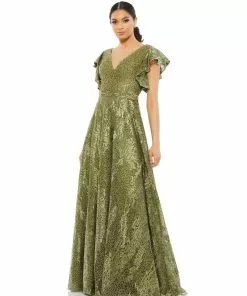 Mac Duggal Embroidered Flutter Sleeve V-Neck Gown