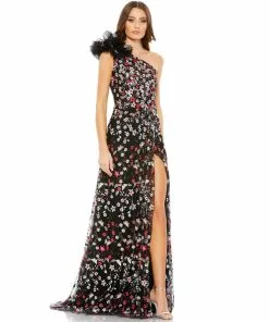 Mac Duggal Embellished Ruffled One Shoulder A Line Gown