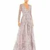 Mac Duggal Shop For Embellished Wrap Over Illusion Long Sleeve A Line Gown