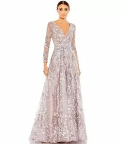 Mac Duggal Shop For Embellished Wrap Over Illusion Long Sleeve A Line Gown