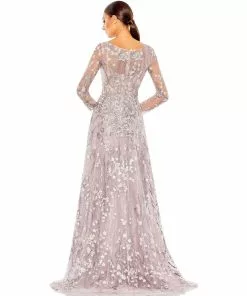 Mac Duggal Shop For Embellished Wrap Over Illusion Long Sleeve A Line Gown