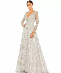 Mac Duggal Shop For Embellished Wrap Over Illusion Long Sleeve A Line Gown
