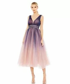 Mac Duggal Ombre Sleeveless V Neck Midi Dress Cocktail Dresses