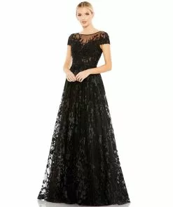 Mac Duggal Embellished Floral Cap Sleeve A Line Gown