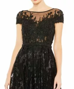 Mac Duggal Embellished Floral Cap Sleeve A Line Gown