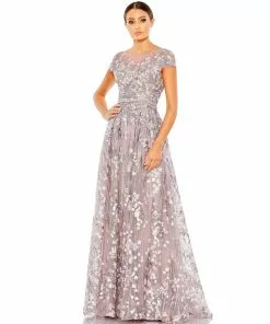 Mac Duggal Embellished Floral Cap Sleeve A Line Gown