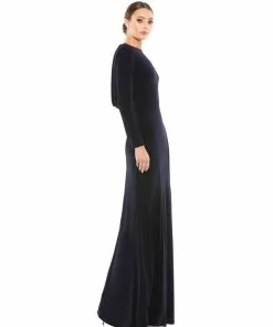 Ieena For Mac Duggal Long Sleeve Cowl Back Jersey Gown