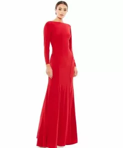 Ieena For Mac Duggal Long Sleeve Cowl Back Jersey Gown