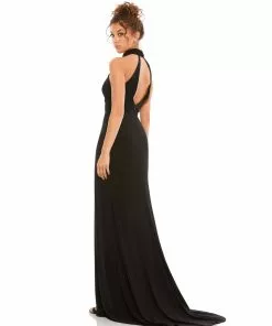 Ieena For Mac Duggal High Neck Jersey Gown W/ Teardrop Cutout Back Wedding Guest
