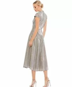 Ieena For Mac Duggal Shop For Metallic Cap Sleeve Tea-Length Dress