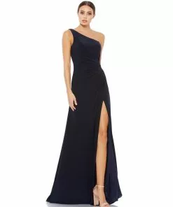 Ieena For Mac Duggal One Shoulder Ruched Jersey Evening Gown