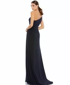 Ieena For Mac Duggal One Shoulder Ruched Jersey Evening Gown