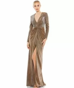 Ieena For Mac Duggal Metallic Twist Front Plunging Long Sleeve Gown Shop For
