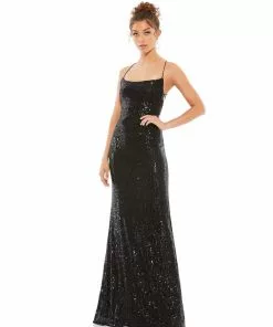 Ieena For Mac Duggal Stretch Sequin Lace Up Back Evening Gown