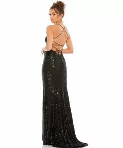 Ieena For Mac Duggal Stretch Sequin Lace Up Back Evening Gown