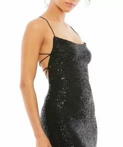 Ieena For Mac Duggal Stretch Sequin Lace Up Back Evening Gown