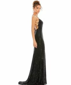 Ieena For Mac Duggal Stretch Sequin Lace Up Back Evening Gown
