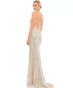 Ieena For Mac Duggal Stretch Sequin Lace Up Back Evening Gown